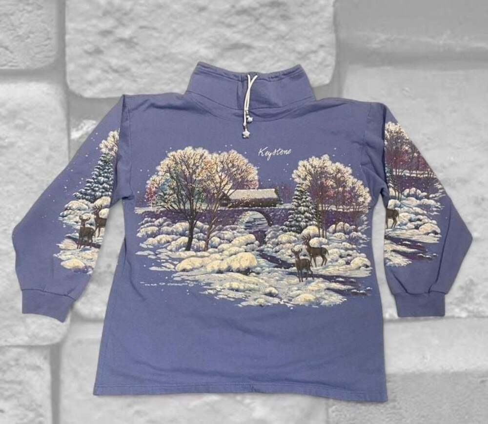 Vintage 90s Lifestyles Mock Neck Sweatshirt with Winter Deer Scene Print